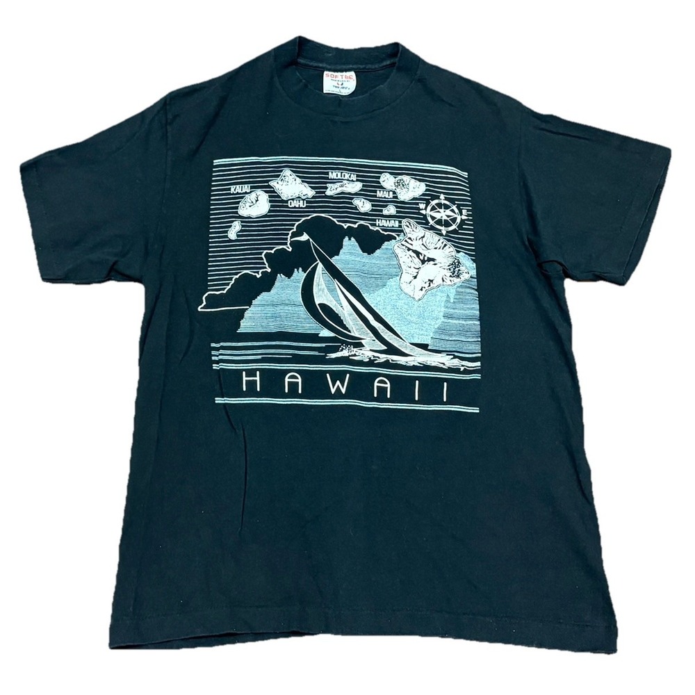 Vintage 80s Hawaii Islands Sailing Boat Ocean Nautical Compass Mens T-Shirt L